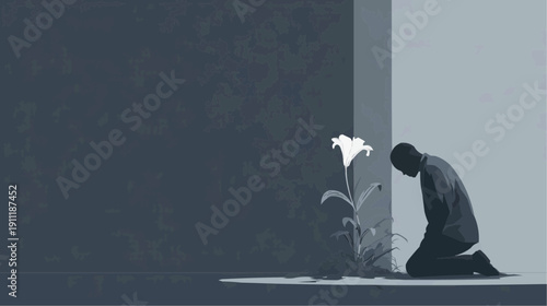 Silhouette of a person kneeling in a beam of light with a white lily, representing hope and grief.