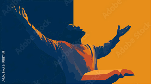 Man worshipping with arms raised and Bible. Minimalist vector illustration of faith and prayer.
