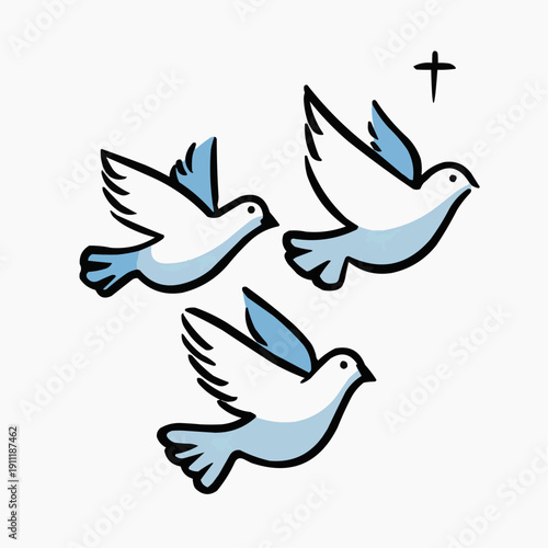 Three minimalist doves flying towards a cross. Christian symbol of faith and hope.