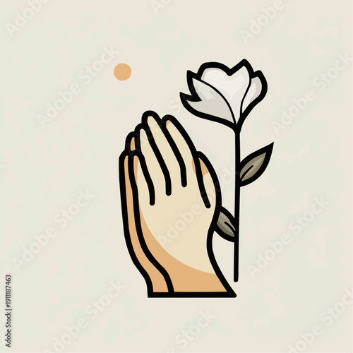Minimalist vector of hands in prayer with a white lily, copy space