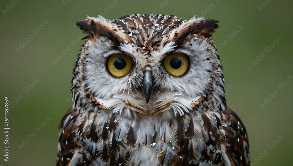 Obraz premium Close up of a speckled owl with piercing yellow eyes staring forward at the viewer