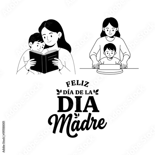 Dia de la Madre bundle with rose wreath lettering, mother helping child read, heart silhouette embrace and floral hair woman portrait