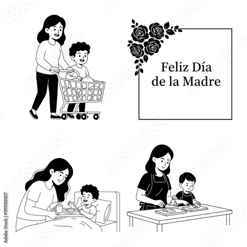 Dia de la Madre bundle with mother reading to child, mom and son baking together and Feliz Dia de la Madre hand lettering