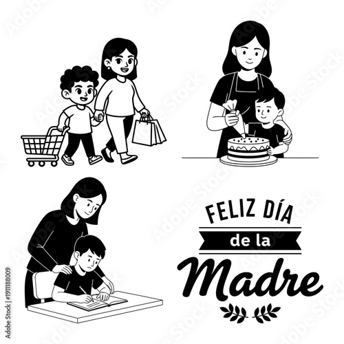Dia de la Madre bundle with mother shopping cart, breakfast in bed, mom and kid cooking, and rose corner greeting frame