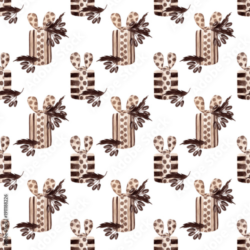 Easter seamless pattern for your design. Brown tones. Cozy template. Watercolor illustration of striped gift boxes with polka-dot ribbons and berries. Perfect for textiles and packaging