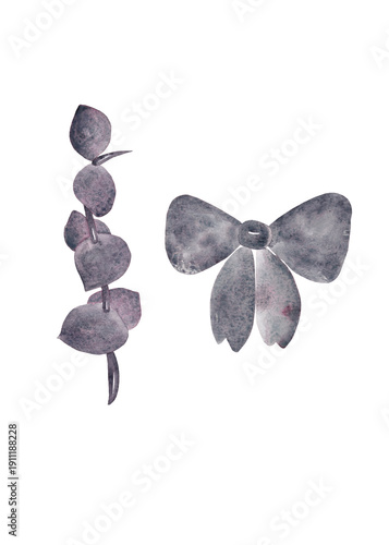 Eucalyptus branch and girl's bow. Gray-pink tones. Watercolor illustrations for your design	