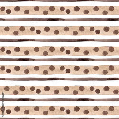 Seamless striped pattern. Light brown and dark brown stripes, imitating a watercolor painting, with dark brown dots. Polka dot ribbons. A simple and straightforward print for pillows, tablecloths