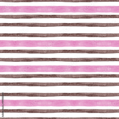 Seamless striped pattern. Narrow brown and wide pink watercolor stripes. Simple and easy print on pillows, tablecloths and other fabrics. Contemporary style. White background
