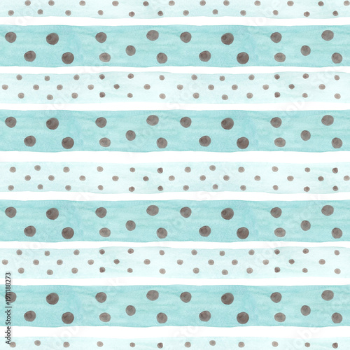 Watercolor mint stripes with brown polka dots. Simple striped seamless pattern for your design	