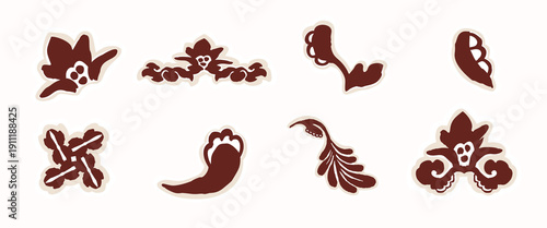 Hand drawn floral leaf accent flourish illustration motif. Ethnic block print style botanical flower shape. Isolated flat vector editable. Decorative boho style creative modern quirky design element