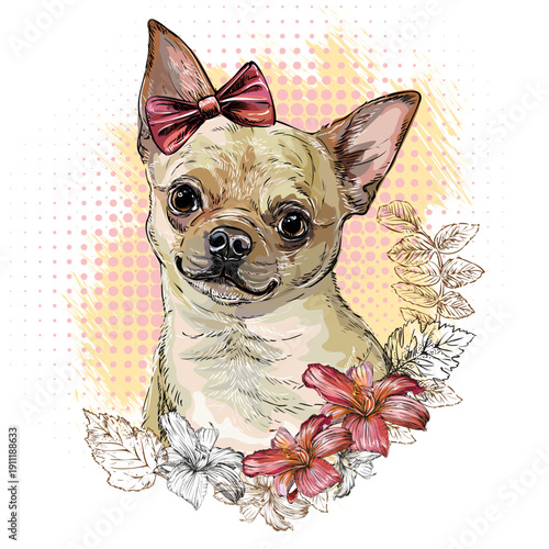 Chihuahua dog with flowers hand drawing vector illustration