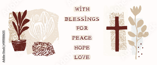 Hand drawn floral greeting element designs for illustration flower blessing card. Isolated vector editable with lettering with love. Black and white quirky modern faith for peace hope love inspiration
