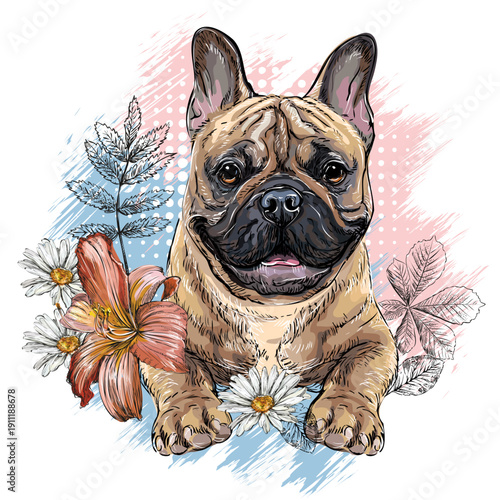 French bulldog Dog with flowers hand drawing vector