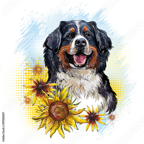 Bernese Mountain Dog with flowers hand drawing vector