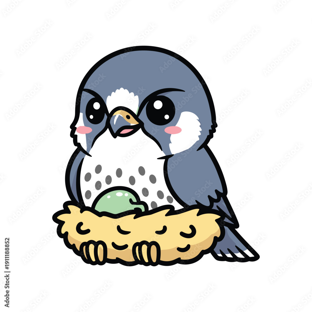Naklejka premium Cute Cartoon Bird in Nest with Egg, Adorable Baby Falcon Illustration, Wildlife Baby Animal Art