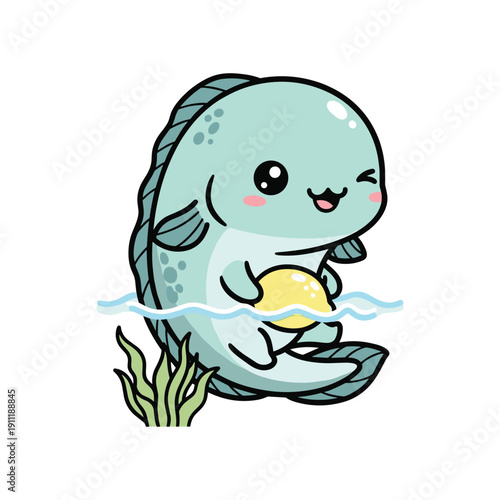 Cute cartoon axolotl smiling holding golden coin underwater in pond with plants