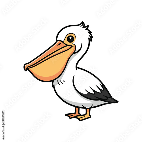 Cartoon pelican bird holding fish in beak isolated on white background illustration