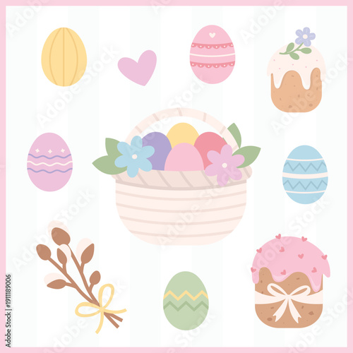 Easter collection of vector illustrations: basket with eggs, colorful decorated eggs, willow branch and festive pastry. Cute seasonal set for greeting cards, prints, stickers and holiday design.