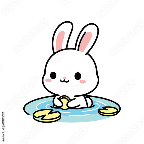 Cute cartoon bunny soaking in water with cookies illustration, pastel colors, playful spa concept