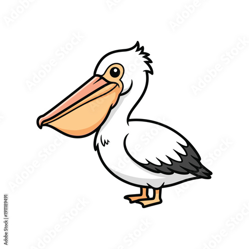 Cartoon pelican holding fish in beak isolated on white background vector illustration