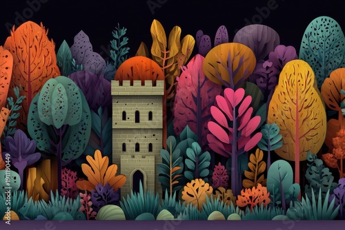 A colorful, stylized illustration of a stone tower surrounded by vibrant, whimsical trees and foliage