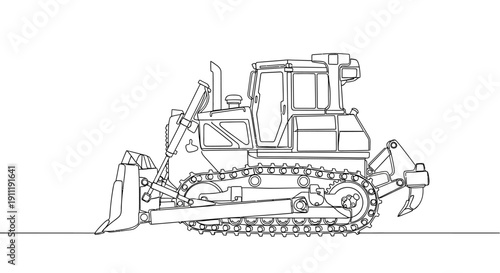 A line art illustration of a heavy-duty bulldozer with a front blade and rear ripper, depicted in a continuous line style.