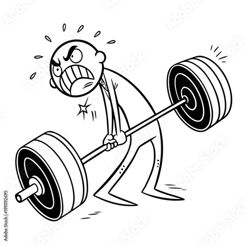 Struggling stickman weightlifter lifting heavy barbell, black and white fitness illustration.