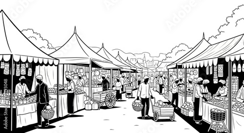Bustling Outdoor Market Scene with People Shopping and Selling at Tented Stalls, Black and White Line Art Illustration
