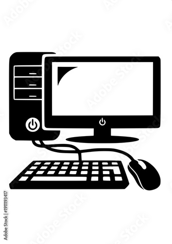 Desktop computer icon silhouette, black PC case, widescreen monitor, wired keyboard and mouse connected with cable, clean flat vector illustration