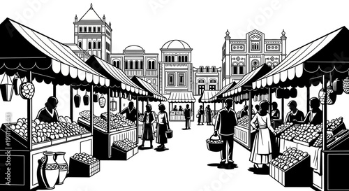 Bustling traditional outdoor market scene illustration with vendors and shoppers at produce stalls in a town square or street