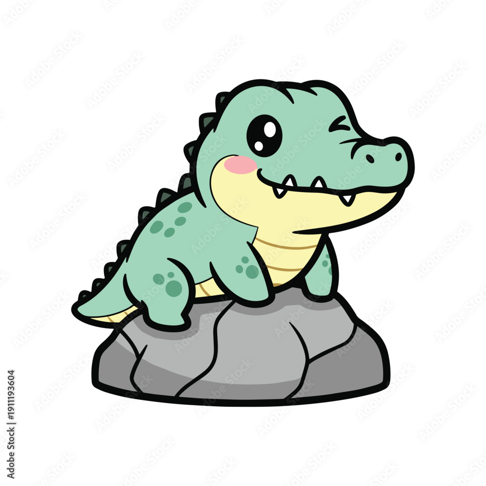 Fototapeta premium Cute green cartoon dinosaur sitting on rock isolated happy smiling character mascot