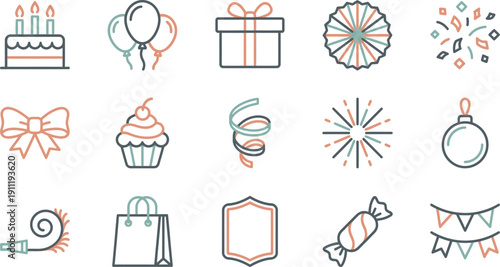 Stylish vector collection of modern line art party and celebration icons, including cake, gifts, balloons, and festive decorative elements