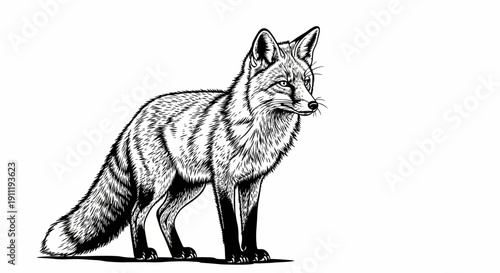 Elegant black and white fox illustration in vintage engraving style. Detailed wildlife art drawing of a wild animal.