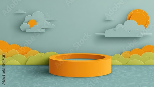 3D illustration of a vibrant, paper-cut style landscape with a stage