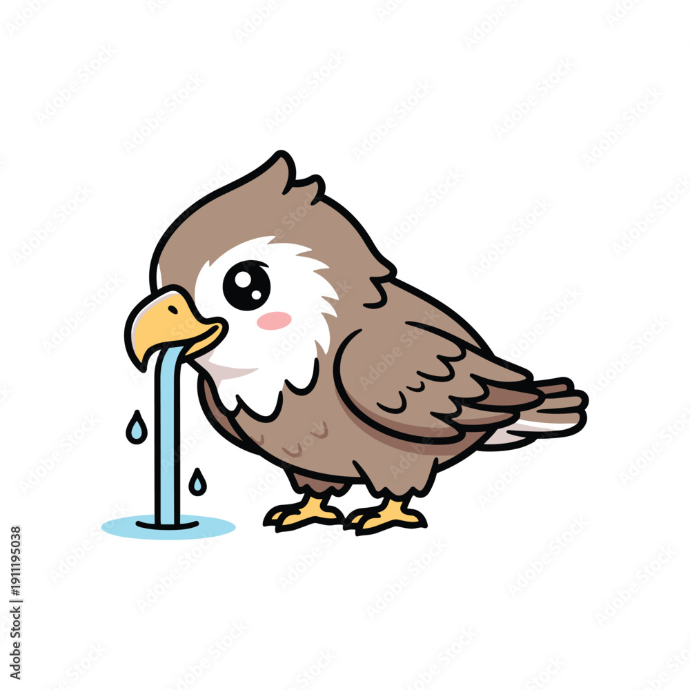 Fototapeta premium Cute cartoon baby bird crying with tear drop on blue water splash isolated background