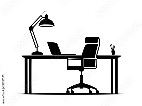 Computer workstation silhouette, black solid fill, tower CPU beside monitor, keyboard and mouse in front, simple vector graphic, isolated background