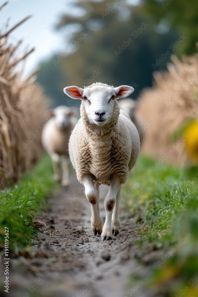 Fototapeta premium Sheep grazing peacefully on lush green fields under serene skies