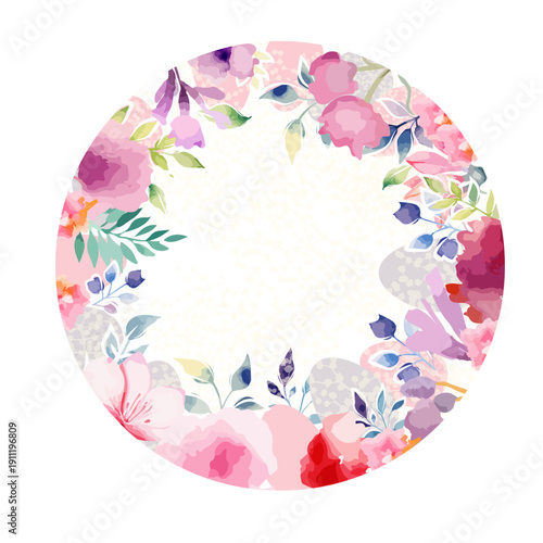 Round frame with pink watercolor flowers. Hand drawn. Not AI, vector illustration.