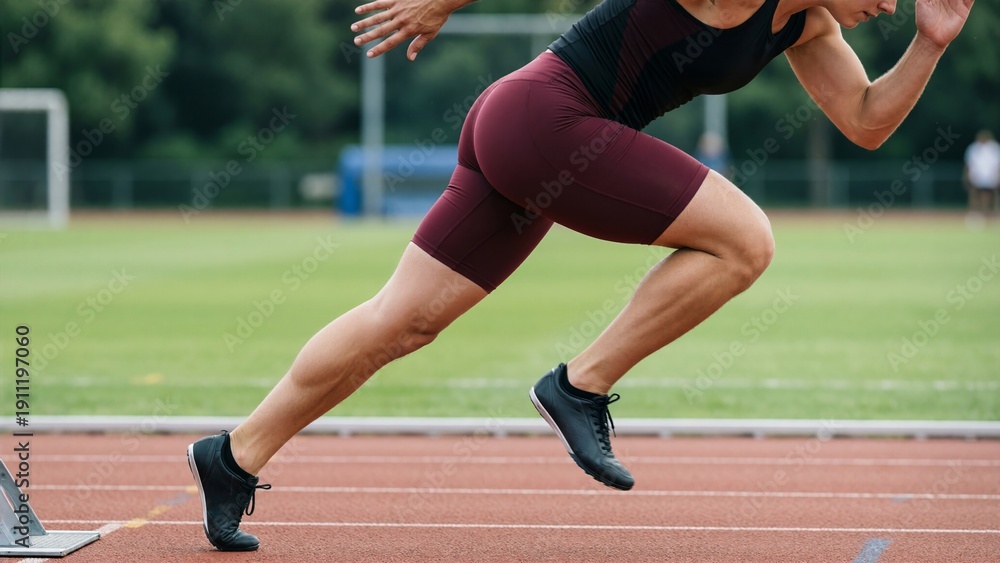 Fototapeta premium Athlete Starting Block Sprint - Focused Runner on Track