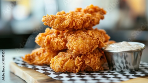 Crispy Fried Chicken Tenders with Dipping Sauce and Checkered Paper