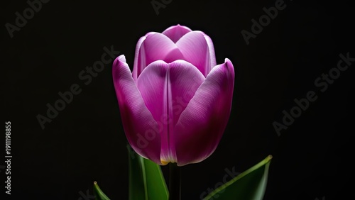 Close up of a vibrant purple tulip flower against a solid black background