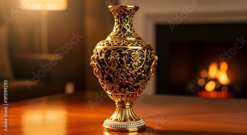 A luxurious gold vase sits on a wooden table in front of a warm fireplace