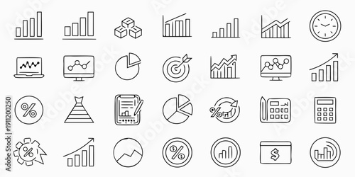 Collection of financial and business icons representing growth, analytics, and performance metrics