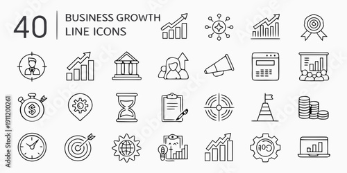 40 Business Growth Line Icons Financial Success, Investment, Strategy, and Corporate Development Symbols