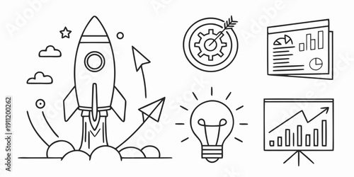A comprehensive collection of outline icons representing modern business startup concepts, innovation, strategic planning, growth, and successful development for various ventures