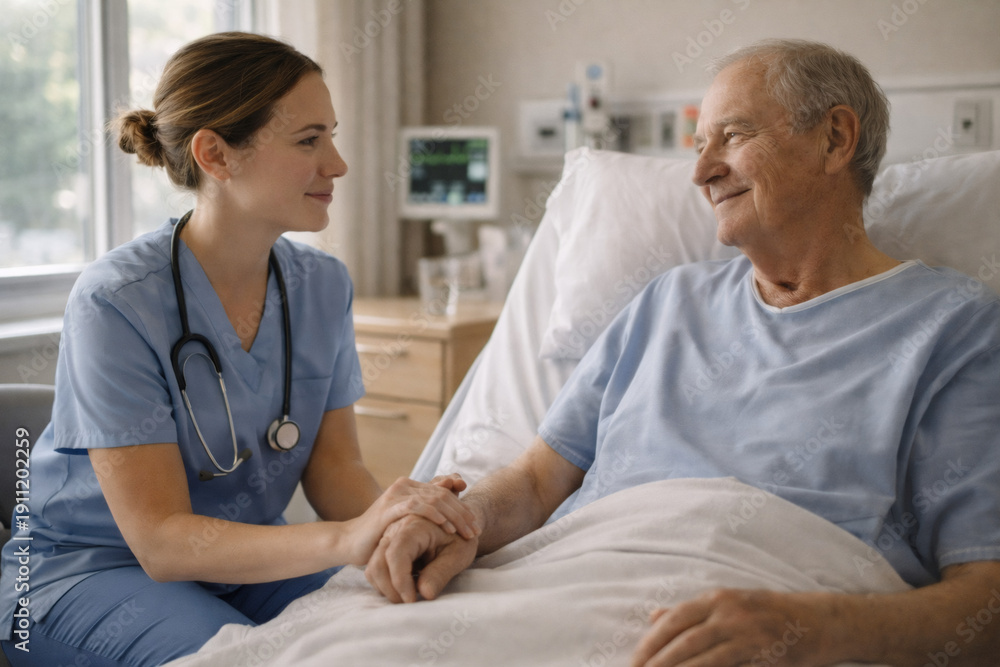 Obraz premium Compassionate nurse holding elderly patient’s hand in hospital