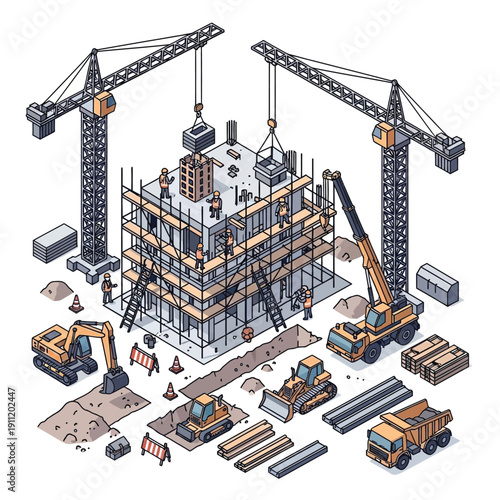 Construction Site with Cranes and Heavy Machinery Building a Skyscraper.