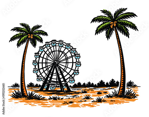 Ferris Wheel Between Palm Trees in Desert Landscape Vector Illustration