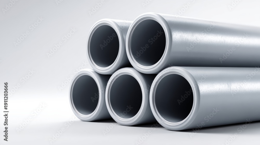 Fototapeta premium Close-up view of grey PVC pipes stacked horizontally, showcasing circular openings and smooth surfaces, with soft diffused lighting enhancing the industrial aesthetic