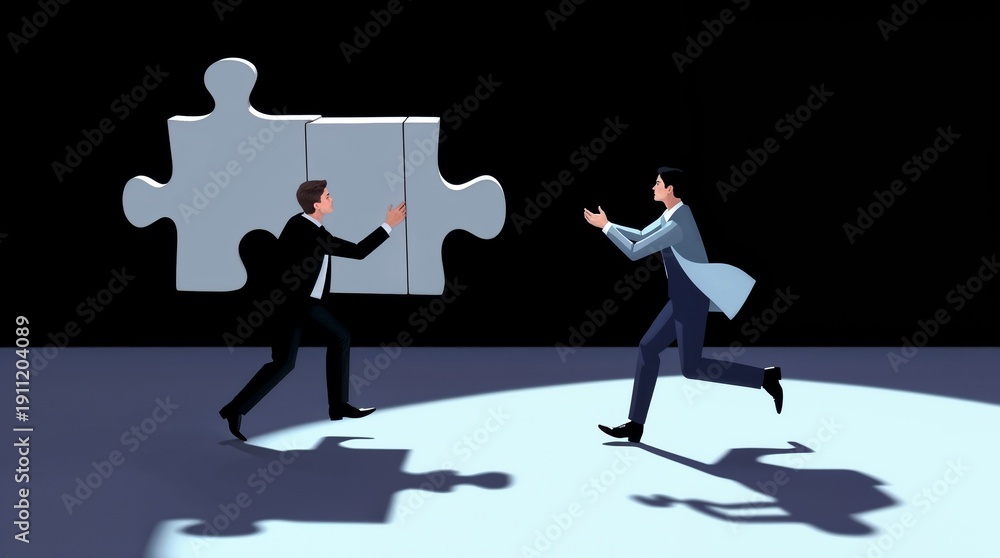 Fototapeta premium Business concept. People connect puzzle elements. Flat illustration in flat design style. Teamwork, partnership. Businessmen working together and moving towards success
